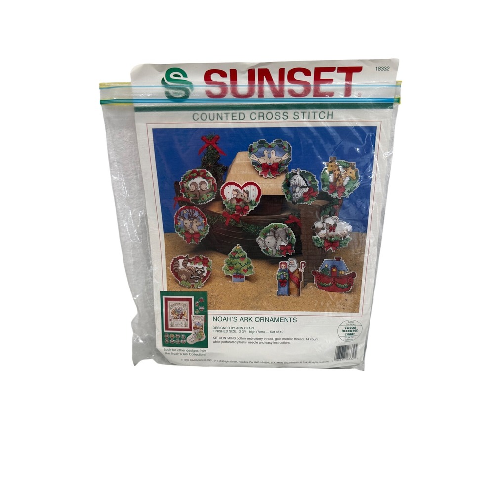 Sunset Counted Cross Stitch Noah's Ark Ornaments Kit 18332 Ann Craig 1992 VTG